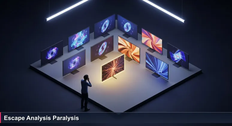 A Tacoma resident overwhelmed by choices, staring at a wall of screens displaying AI bootcamp specs and rankings in a local store setting.