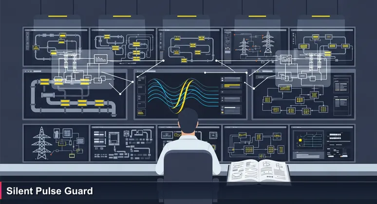 A cybersecurity analyst in Tacoma Public Utilities control room at night, monitoring SCADA screens showing water and electrical grids with a subtle anomaly.