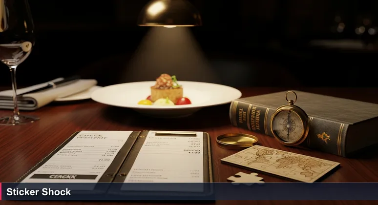 A fine dining scene with a leather check presenter, symbolizing the shock of cost versus salary for tech workers evaluating Tacoma, Washington.
