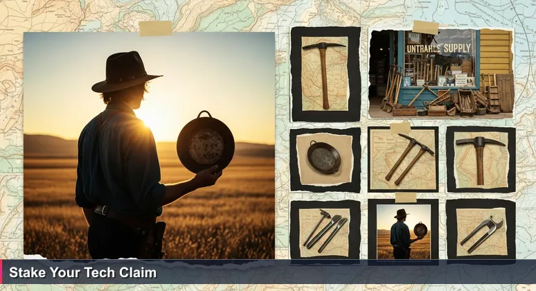 A determined individual in Tacoma gazes at expensive tech tools, with free training resources like library cards and workshops shown as accessible alternatives in the foreground.