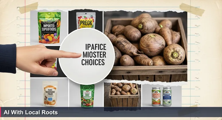 A hand in a Tacoma grocery aisle choosing between a glossy imported package and locally-grown vegetables, representing AI career choices between hype and substance.