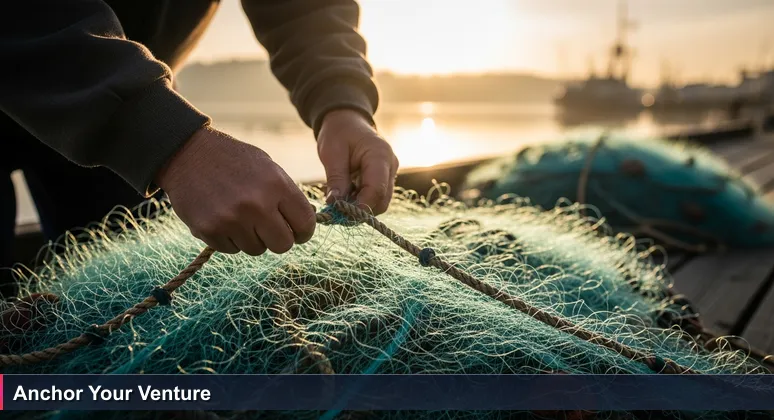 Weathered hands carefully sort fishing nets on a Tacoma dock at dawn, highlighting a secure knot.