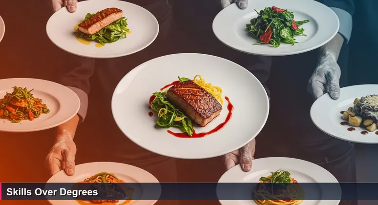 A chef's hands presenting a simple dish on a white plate, symbolizing practical skills over degrees in Tacoma's 2026 tech job market.