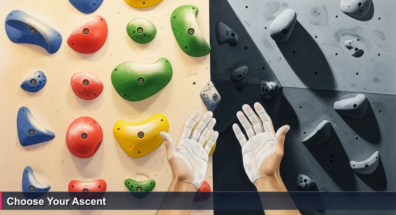 Close-up of a climber's chalk-dusted hands hesitating between a beginner's climbing wall and an unmarked, challenging route at a Tacoma indoor gym, symbolizing career choices.