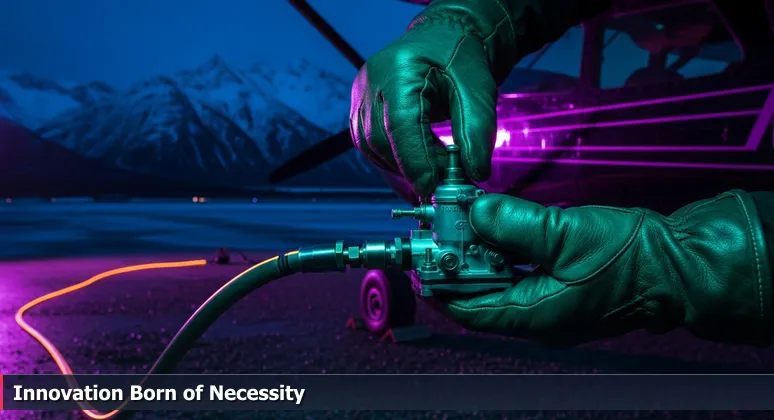 Close-up of a pilot's gloved hands adjusting a carburetor on a Cessna plane on a gravel runway, with snow-capped Chugach Mountains in the background under a blue sky.