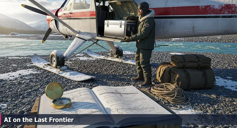 A weathered bush plane on a remote Alaskan gravel bar, with a pilot loading a high-tech cooler containing an AI server, symbolizing AI integration in frontier settings.