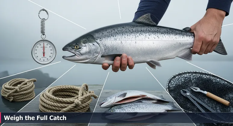 Weathered hands hold a fresh salmon on an Anchorage dock with a spring scale, symbolizing measuring tech career value beyond base salary.