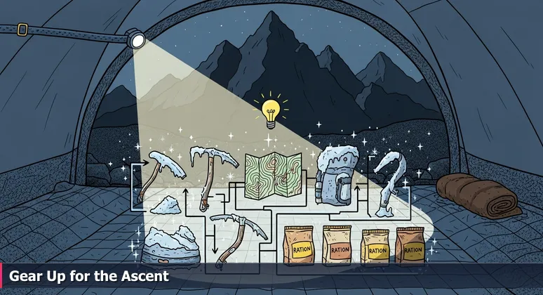 A climber's headlamp illuminates frost-covered ice axes and a map on a tent floor at a remote Alaskan mountain basecamp, with shadowy peaks in the background.