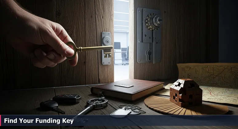 A hand holding a skeleton key against a weathered wooden door with a multi-lock mechanism, scattered keys on the ground, and a glimpse of a modern tech workspace inside, symbolizing funding options for Anchorage tech training.