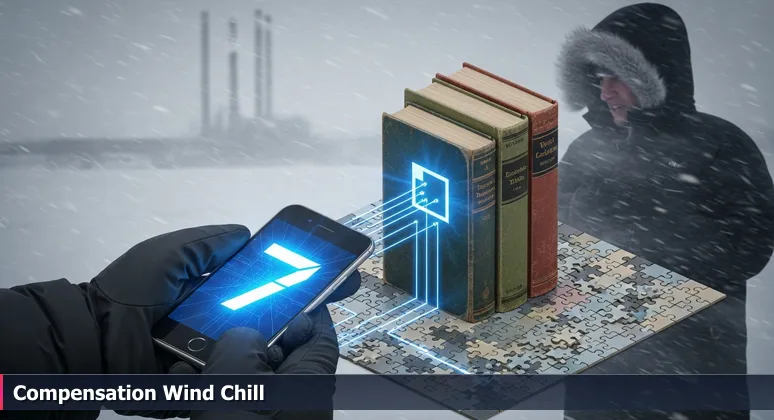 Smartphone displaying 20°F for Anchorage weather, held in a gloved hand, with a person in the background braced against strong wind and snow on the Knik Arm.