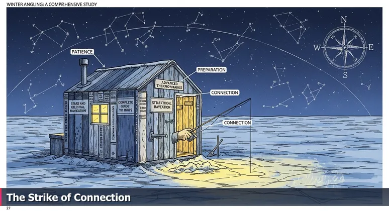 A lone ice fishing hut on a frozen Alaskan lake at twilight, with a warm glow from inside as a fishing line goes taut, symbolizing AI networking opportunities in Anchorage.