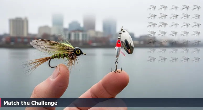 A weathered hand holds a custom fly lure and a store-bought spinner over Ship Creek, with downtown Anchorage in the background, symbolizing specialized AI tools for Alaska's unique challenges.