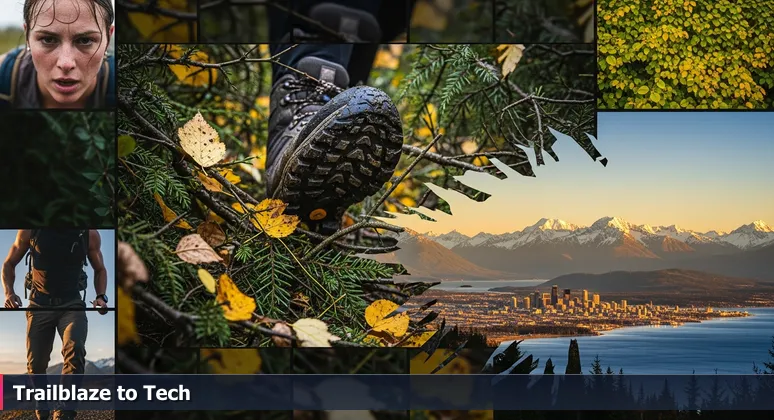 A hiking boot breaking through alder brush on a mountain, revealing Anchorage's cityscape against the Chugach Range, symbolizing trailblazing to tech careers in Alaska.