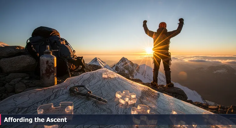 A triumphant tech professional in outdoor gear stands on a mountain peak, with a worn backpack and climbing gear below, symbolizing Anchorage's hidden costs and high salaries.