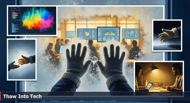 Mittened hands pressing against a frosted window, revealing a warm room inside where people learn tech skills on computers with glowing data visualizations.