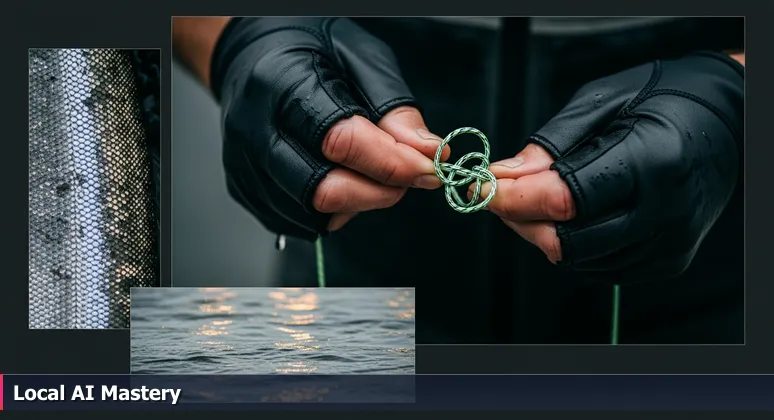Weathered hands in gloves tying a fishing knot with salmon and river backdrop, symbolizing AI adaptation in Anchorage's key industries like healthcare and logistics.