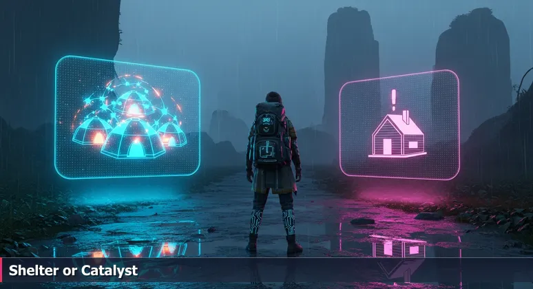 A backpacker stands at a fork in an Alaskan backcountry trail at dawn, with one sign pointing to a solitary cabin and another to a lively campsite, symbolizing the choice between independent and collaborative tech workspaces.