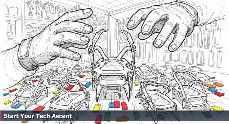 A person's gloved hands selecting from a wall of climbing crampons in an Anchorage outdoor store, symbolizing the choice of tech startups for junior developers in 2026.