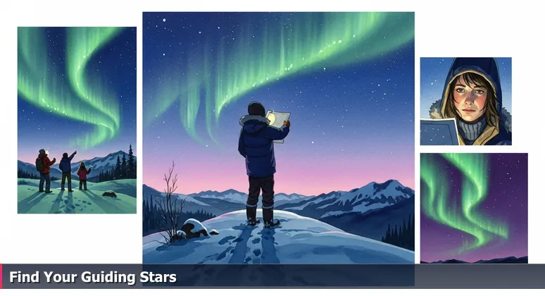 A person stands on a snowy ridge in Chugach State Park, using a star chart to search the night sky, with a group pointing at the Northern Lights in the distance.