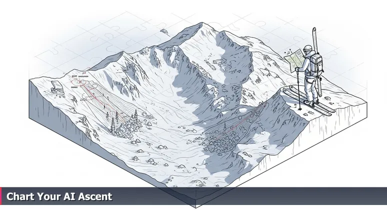 A skier on a mountain ridge at dawn, holding a map, symbolizing the start of an AI career journey in Salt Lake City's tech terrain.