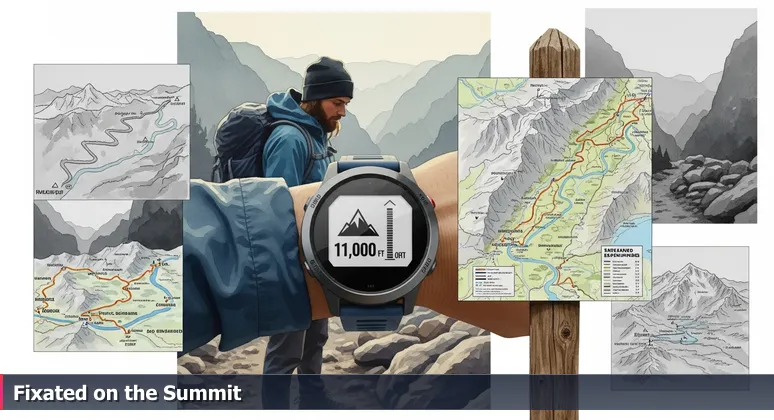 A hiker in Utah's Big Cottonwood Canyon focused on a GPS watch showing 11,000 ft elevation, overlooking a detailed trail map on the ground.