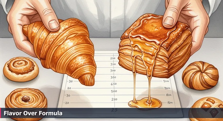 A judge's hand comparing a bland, perfect croissant to a flavorful, honey-drizzled pastry, symbolizing AI startup rankings based on real-world impact over technical metrics.