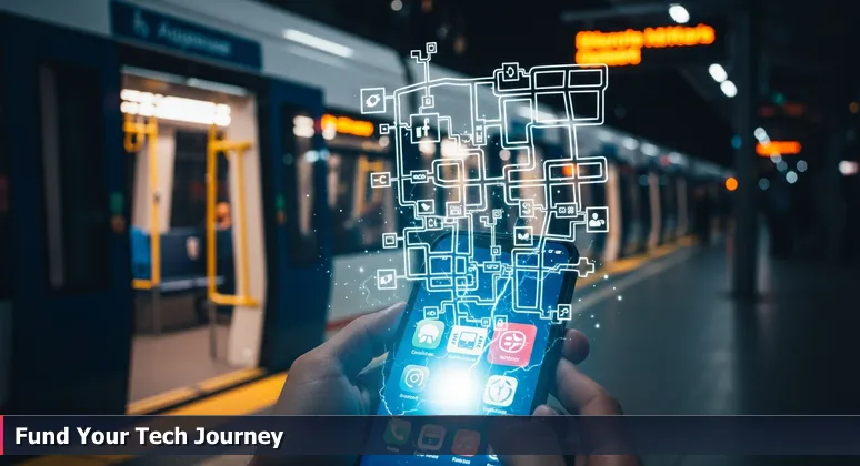 Close-up of hands holding a smartphone at a Salt Lake City TRAX station, showing fare payment apps with a light rail train and open doors in the background, symbolizing career opportunity.
