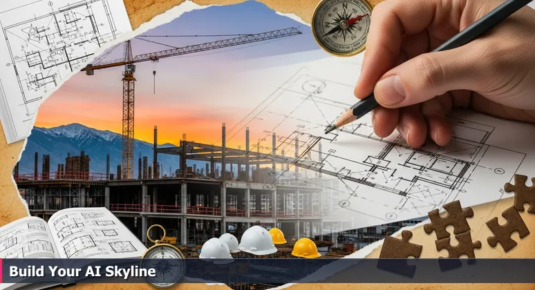 Architect's hand sketching an AI blueprint overlaid on a vibrant Salt Lake City construction site with cranes and the Wasatch Mountains at sunset, symbolizing collaborative career building.
