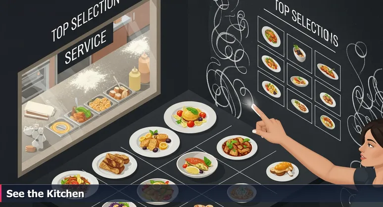 A diner's hand with chalk-dusted fingers pointing at a crowded chalkboard menu, with a chaotic kitchen visible through a service window, symbolizing the hidden realities of AI engineering careers.