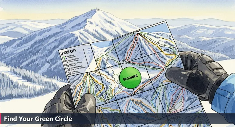 A skier's hands holding a trail map with a green circle highlighted, representing beginner tech career opportunities in Park City, Utah.