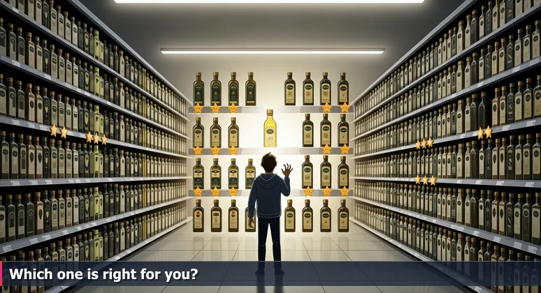 A person looking overwhelmed while facing a shelf full of olive oil bottles in a grocery store, symbolizing the challenge of choosing an AI bootcamp in Salt Lake City's competitive tech scene.