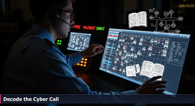 A cybersecurity dispatcher in a 911 center, filtering chaotic job signals into clear specialized roles for Salt Lake City's 2026 market, with screens showing cloud, defense, and compliance icons.