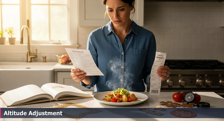 A frustrated cook in a Salt Lake City kitchen comparing a national tech salary recipe to a local market receipt with higher costs, symbolizing budget challenges in 2026.