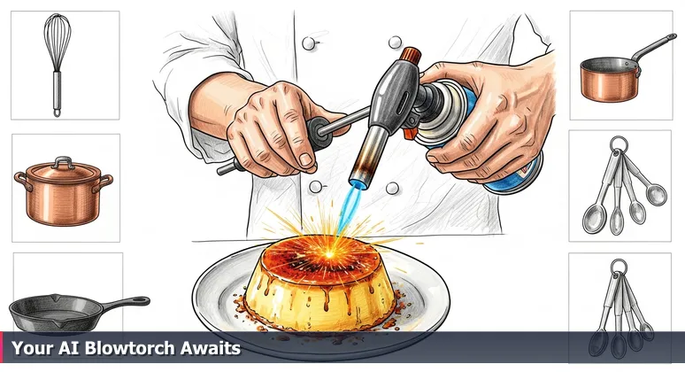 A chef's hands using a blowtorch to caramelize a crème brûlée, symbolizing specialized AI skills applied in Salt Lake City's thriving industries beyond big tech.