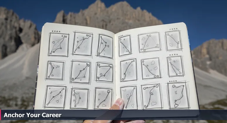 A climber's hand holding an open guidebook with climbing route ratings, symbolizing the search for the right tech startup in Salt Lake City's Silicon Slopes.