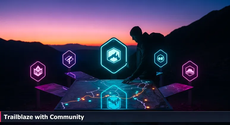 A hiker silhouetted at a trail junction in the Wasatch Range, with carved signs and a hand-drawn map, symbolizing guidance for women in tech in Salt Lake City.