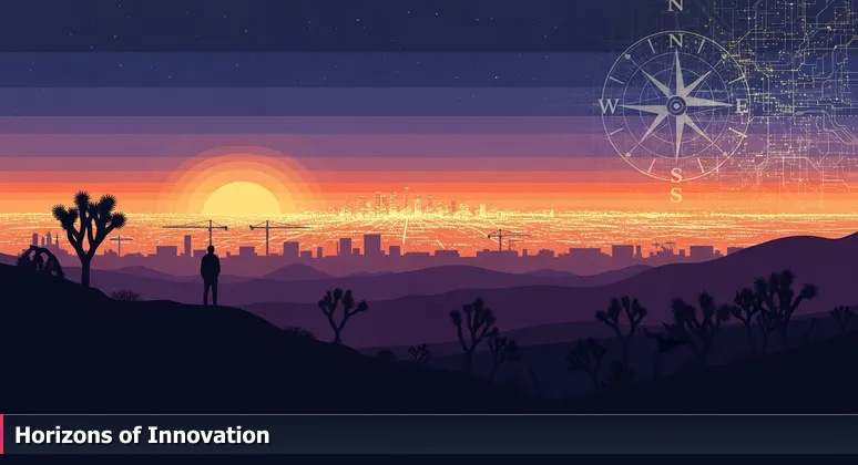 Silhouette on a ridge at sunset overlooking Antelope Valley desert and distant Los Angeles skyline, symbolizing AI career paths in Lancaster, CA.