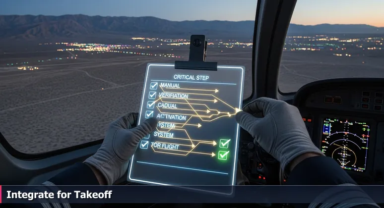 A pilot's hands holding a pre-flight checklist in an aircraft cockpit, with the dry landscape of Lancaster's Antelope Valley visible through the windshield.