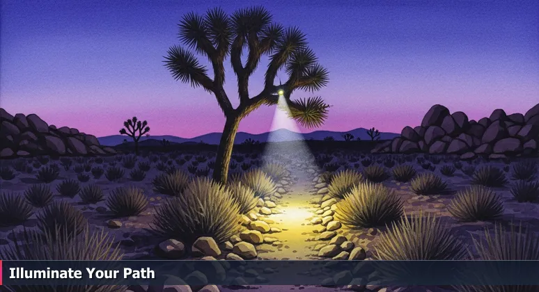 A Joshua tree at dusk in Antelope Valley with a headlamp beam revealing a hidden desert trail, symbolizing the discovery of funding for tech training in Lancaster, CA.