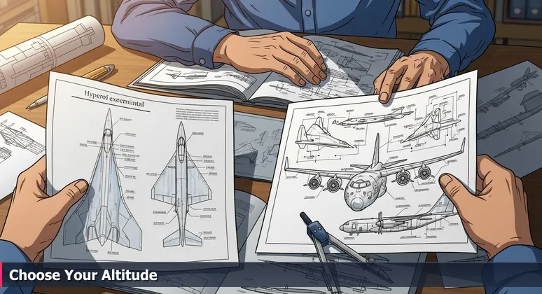 An aerospace engineer's hands holding two blueprints on a Palmdale workbench, symbolizing AI career choices between innovation and stability in Lancaster's defense sector.