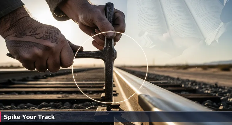 Close-up of weathered hands holding a rusty railroad spike about to connect two separate rails in the Antelope Valley desert, symbolizing AI networking.