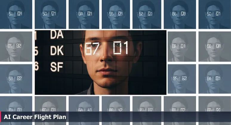 A person's focused face reflected in an airport flight board with glowing codes like LAX, symbolizing AI career navigation in Lancaster, California's aerospace industry.