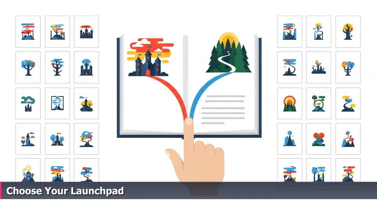 A hand hovering over a Choose Your Own Adventure book with paths branching to aerospace symbols and tech icons, illustrating career choices in Lancaster, CA.