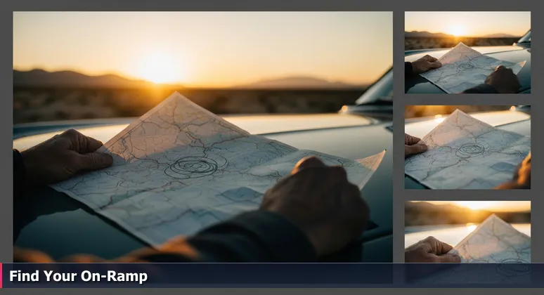 Worn hands holding a vintage paper map on a dusty car hood at sunset in the Mojave Desert, symbolizing the decision to choose an AI bootcamp in Lancaster, CA.