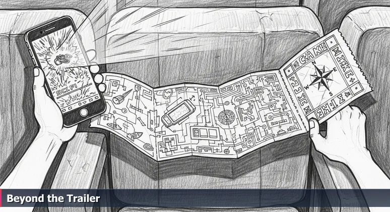 A movie theater seat with a hand holding a smartphone showing a tech salary trailer and another hand clutching a ticket, symbolizing the full cost of living analysis for Lancaster in 2026.