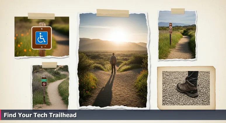 A hiker at dawn in the Antelope Valley Poppy Reserve, standing at a fork with a marked trail leading into the sunrise, symbolizing accessible tech training starts in Lancaster.
