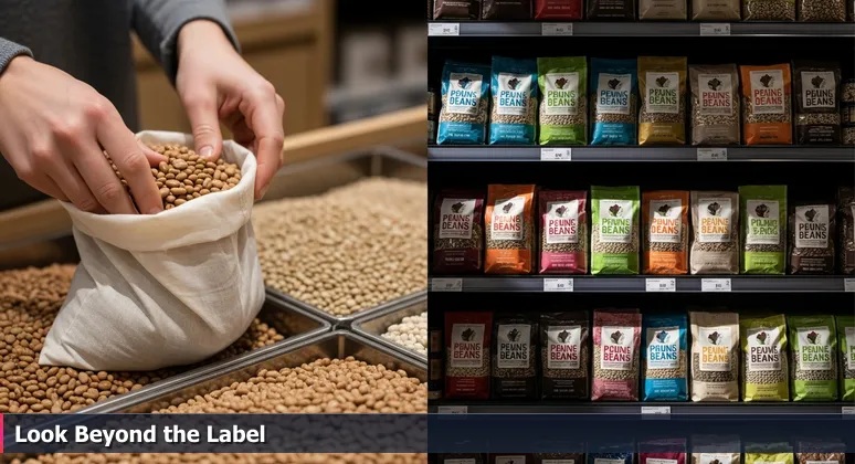 Hands holding a reusable bag at a bulk food bin with pinto beans, gazing at colorful packaged goods on a shelf, symbolizing overlooked AI job opportunities in Lancaster.
