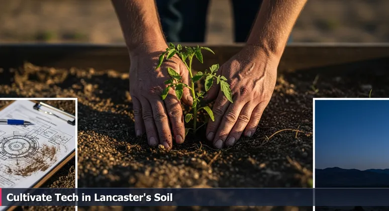 Aerospace engineer's hands in Lancaster holding schematics while testing soil in a garden, symbolizing tech growth in the High Desert.