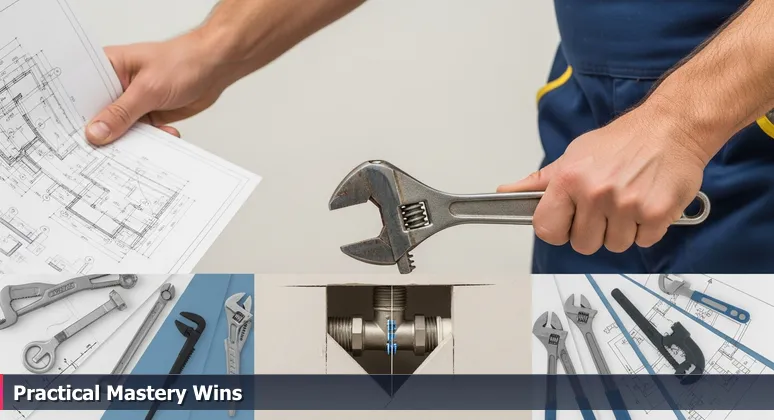 Skilled hands holding a blueprint and a wrench, symbolizing the practical approach to tech careers in Lancaster, CA for 2026.