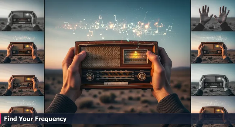 Hands holding a vintage radio with static in a desert at dusk, symbolizing the search for tech career opportunities in Lancaster.